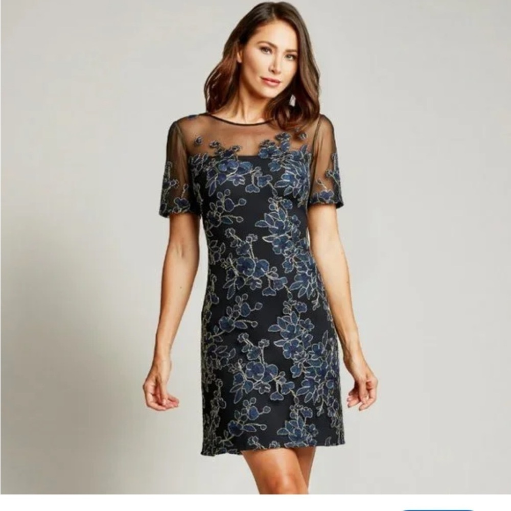 Tadashi Shoji Cardea Embroidered Illusion Sheath Dress Starry Night 8 Blue Gold